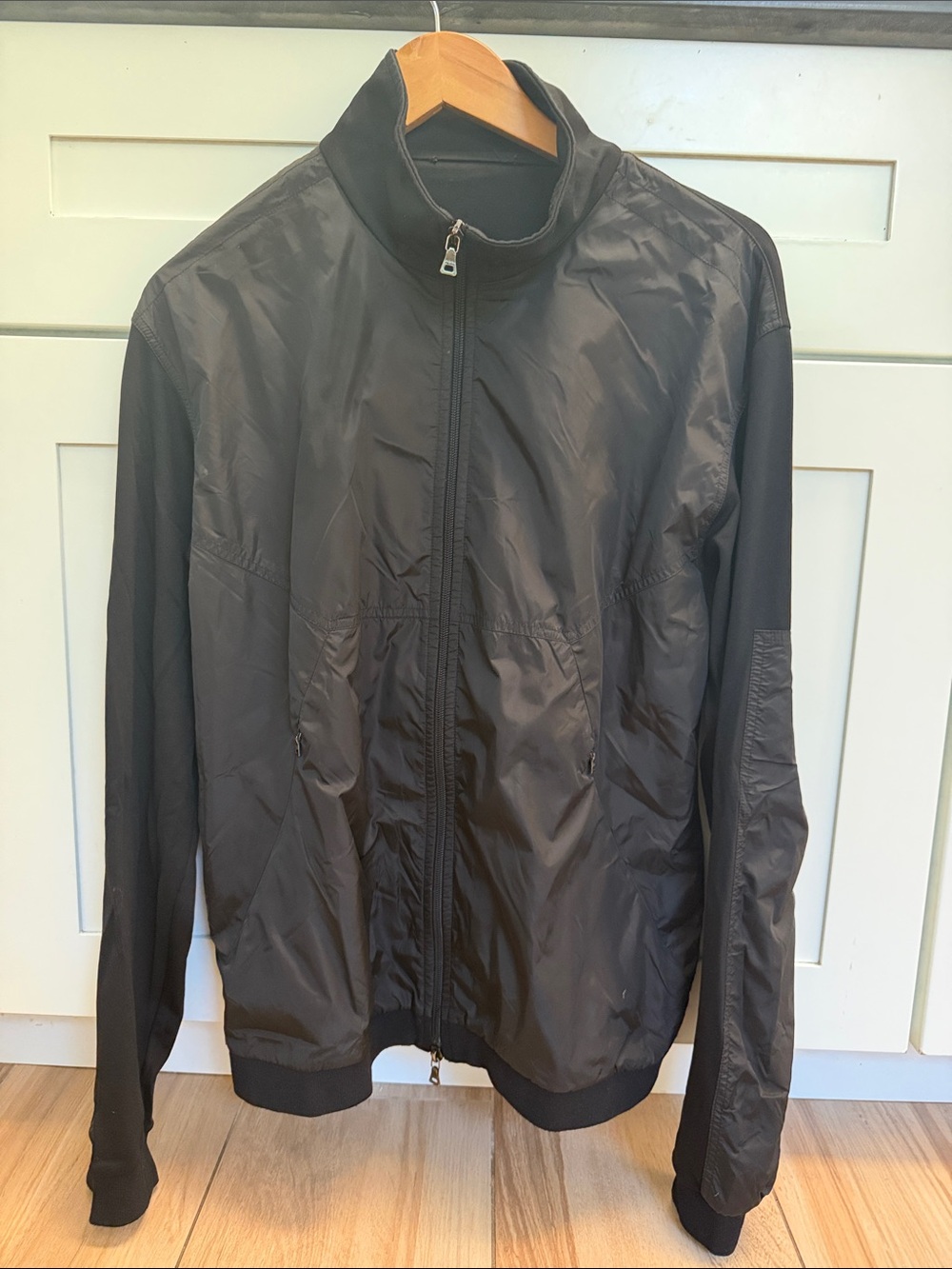 Prada Men's Black nylon Lightweight Zip Jacket with Knit/nylon Sleeves